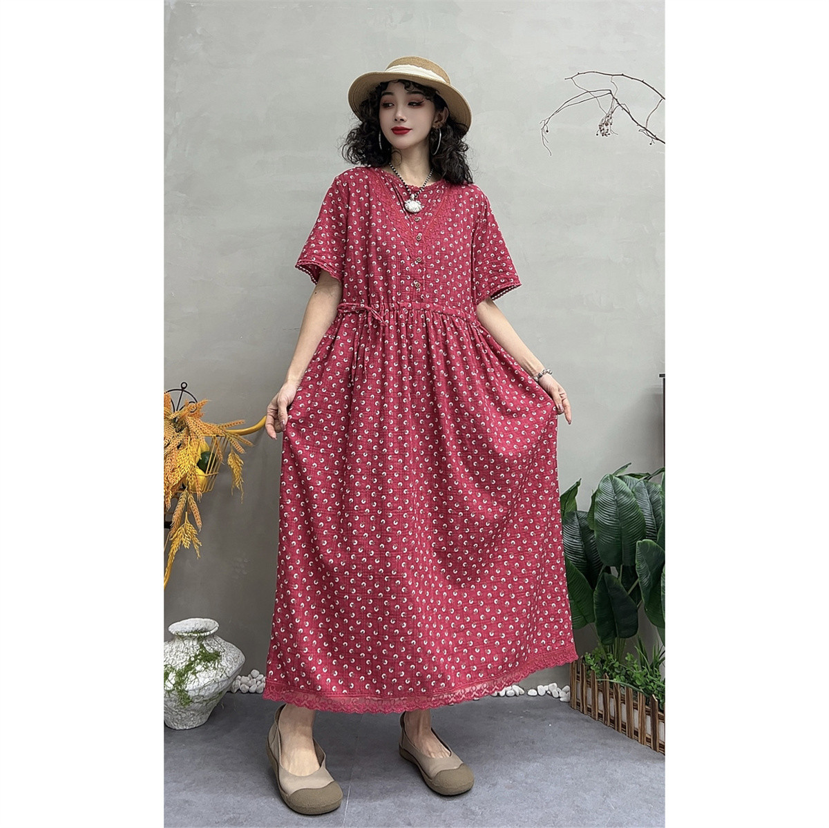 夏季复古棉印花显瘦A字连衣裙女