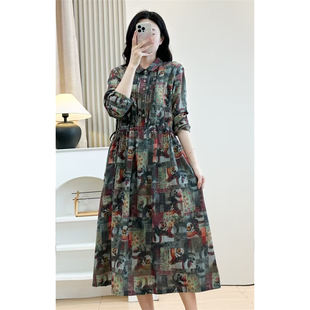 秋季新款复古棉麻印花长袖褶子连衣裙女宽松显瘦系带收腰中长裙子