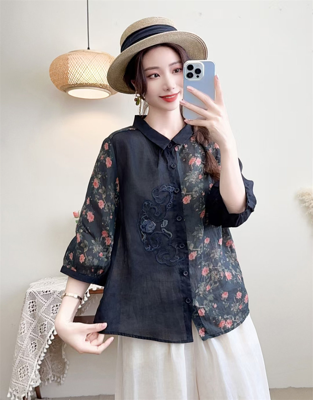 夏季新款复古风苎麻绣花拼接印花半袖方领衬衫女宽松显瘦薄款衬衣,女装/女士精品,衬衫,淘宝优惠券,粉丝福利购,淘宝优惠卷