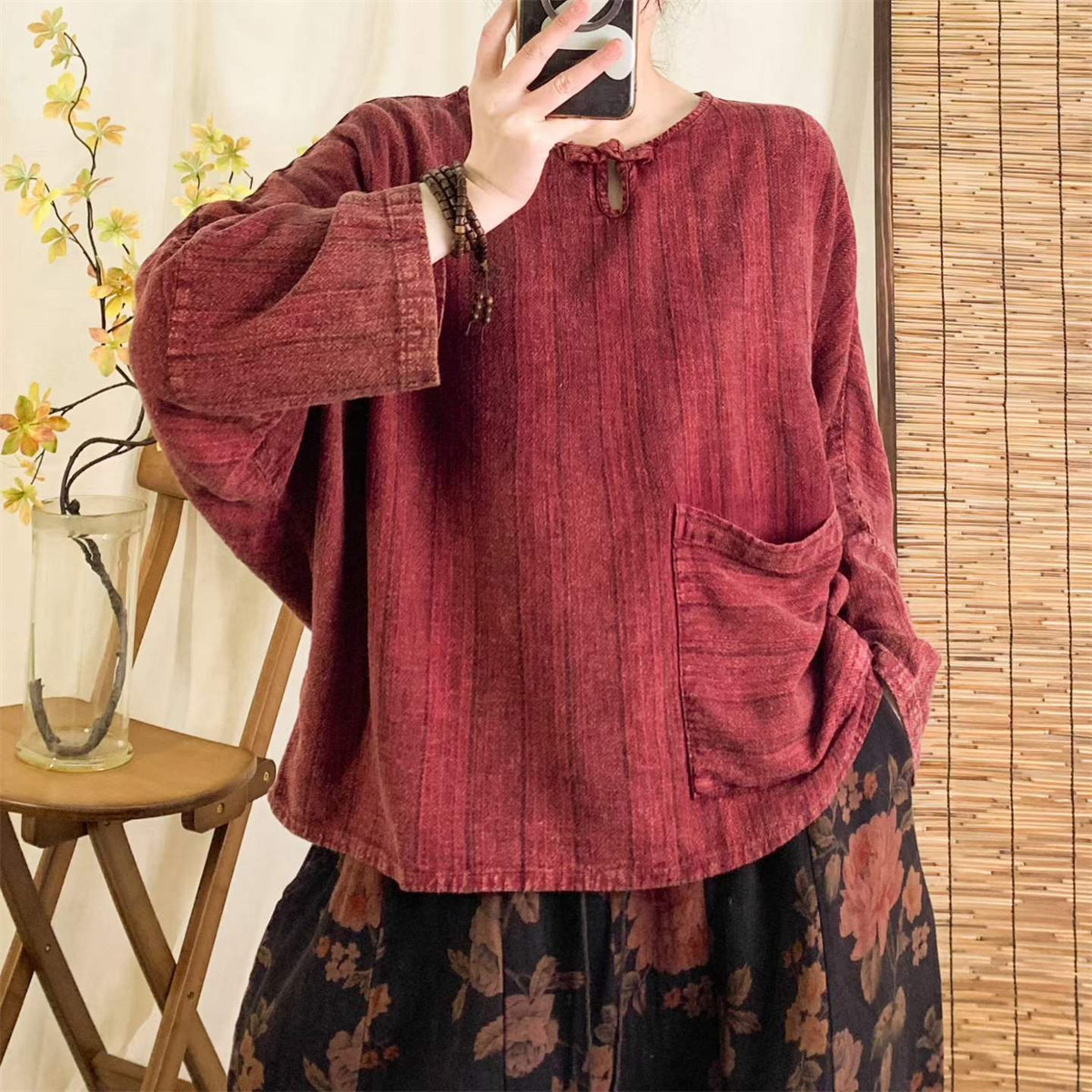 秋季复古炒色亚麻竖纹长袖T恤女