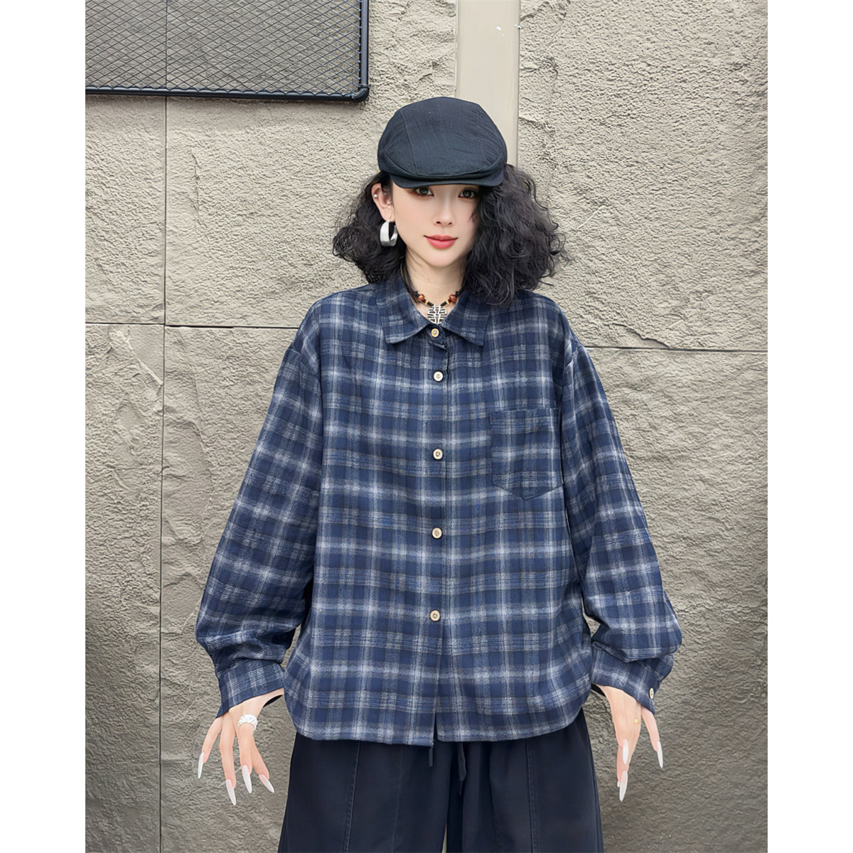 秋季复古棉麻格子方领显瘦衬衫女