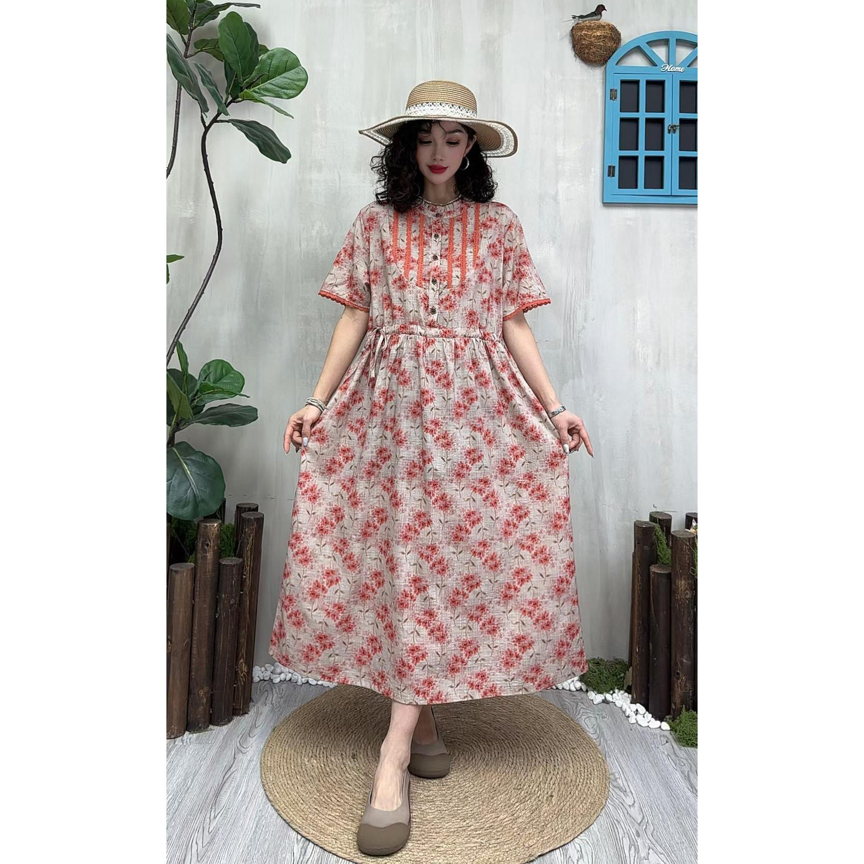 夏季棉麻碎花显瘦立领A字连衣裙