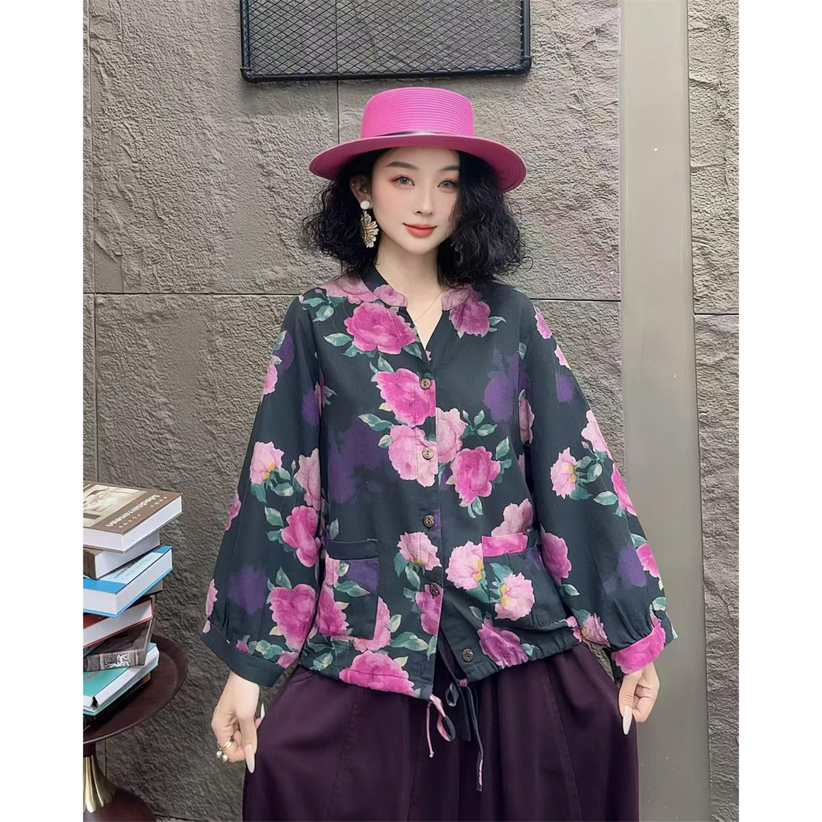 秋季复古棉麻印花V领短外套女
