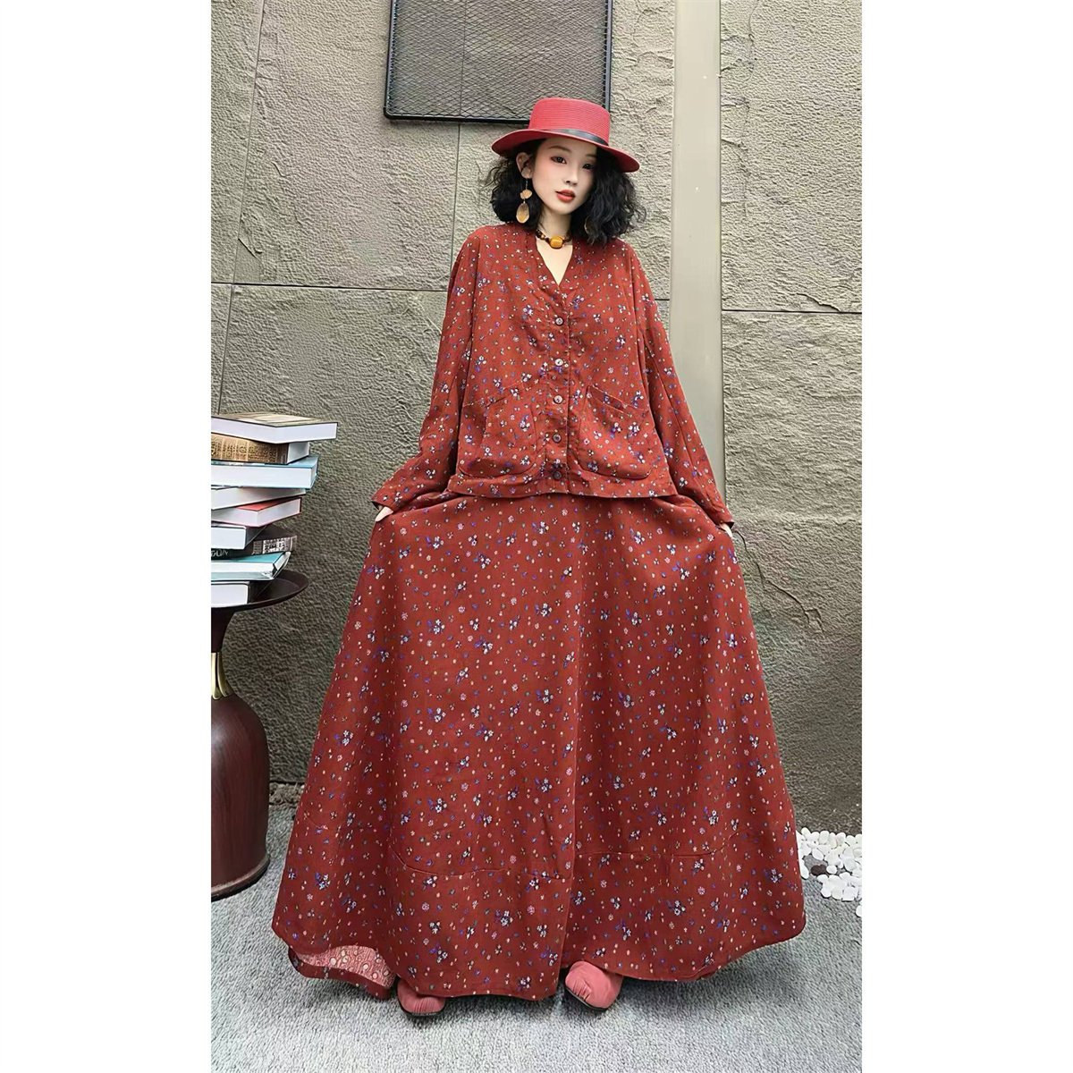 秋季棉麻碎花上衣半身裙两件套女