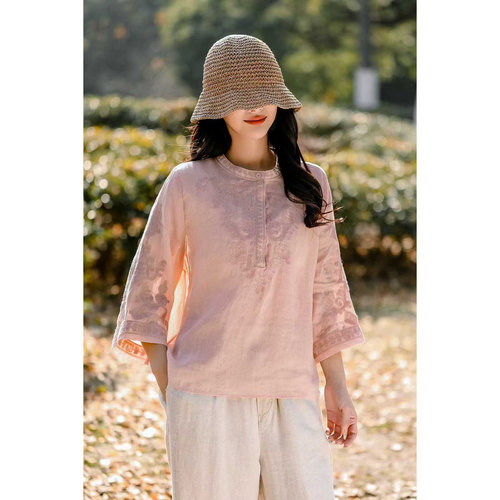 夏季新复古纯苎麻刺绣七分袖衬衫女宽松显瘦立领薄款套头衫女上衣