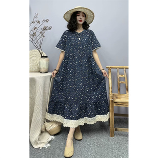 夏季新文艺复古碎花棉褶短袖连衣裙女宽松显瘦拼接花边A字长裙女