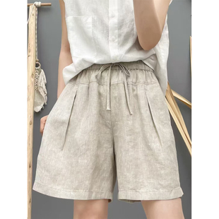 夏季新款文艺纯亚麻褶子松紧高腰短裤女宽松显瘦薄款系带纯色短裤