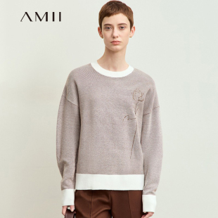 Amii撞色玫瑰刺绣圆领套头毛衣女春秋宽松慵懒风藏肉显瘦休闲上衣