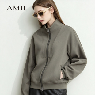 AMII韩版小立领双拉链卫衣外套女春秋复古宽松短款休闲开衫棒球服