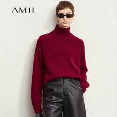 Amii宽松高领全羊毛毛衣女2024冬新款粗针无缝一体成型内搭羊毛衫