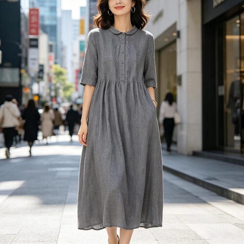 汉麻娃娃领宽松连衣裙显瘦长裙子