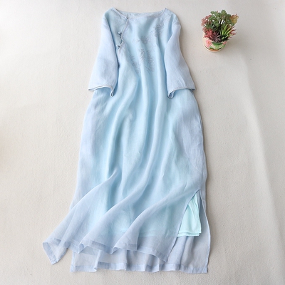 刺绣苎麻连衣裙中式风长裙旗袍裙