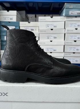 GEOX专柜撤柜男士黑色牛皮系带靴子，U16DRC C9999