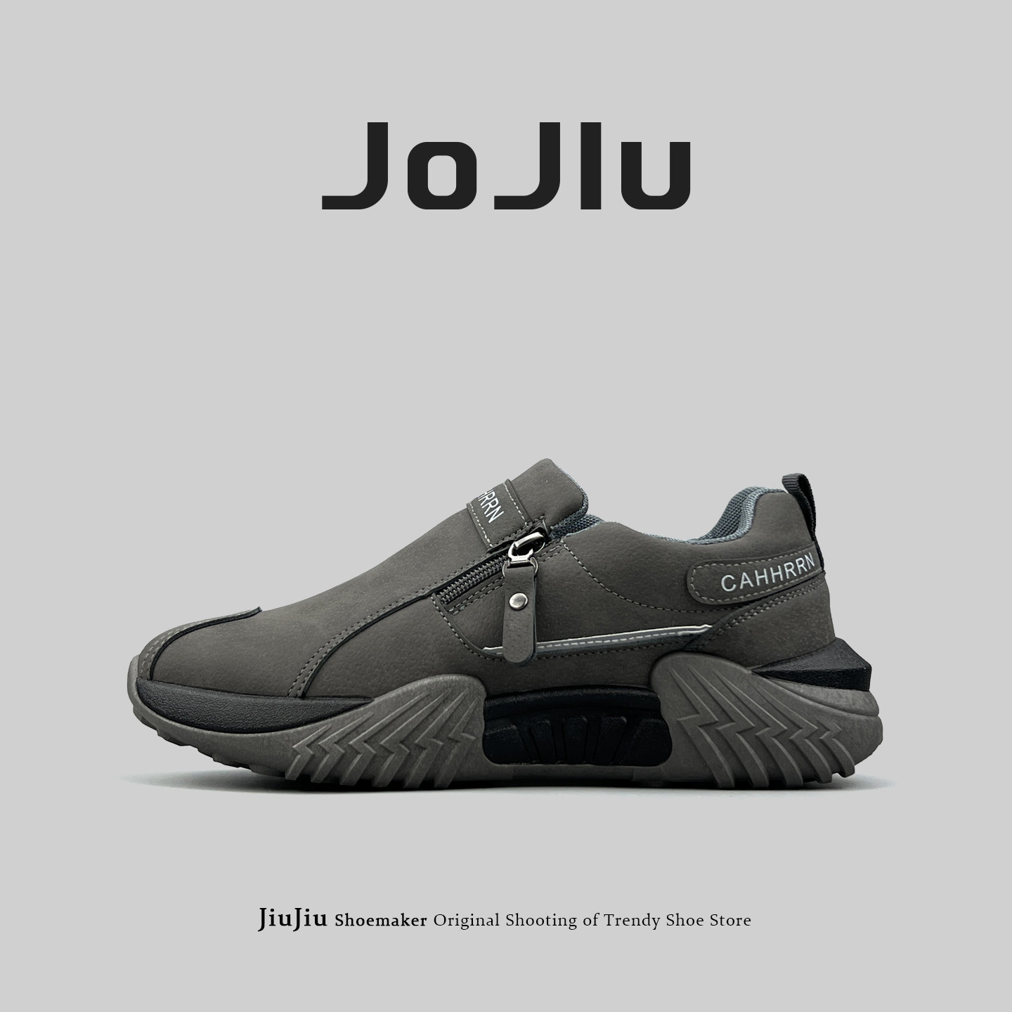 外贸男士大码一脚蹬懒人鞋户外徒步侧拉链工装鞋通勤百搭休闲皮鞋