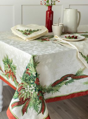 出口欧美CHRISTMAS RIBBONS圣诞小叶子飘带布艺桌布田园台布