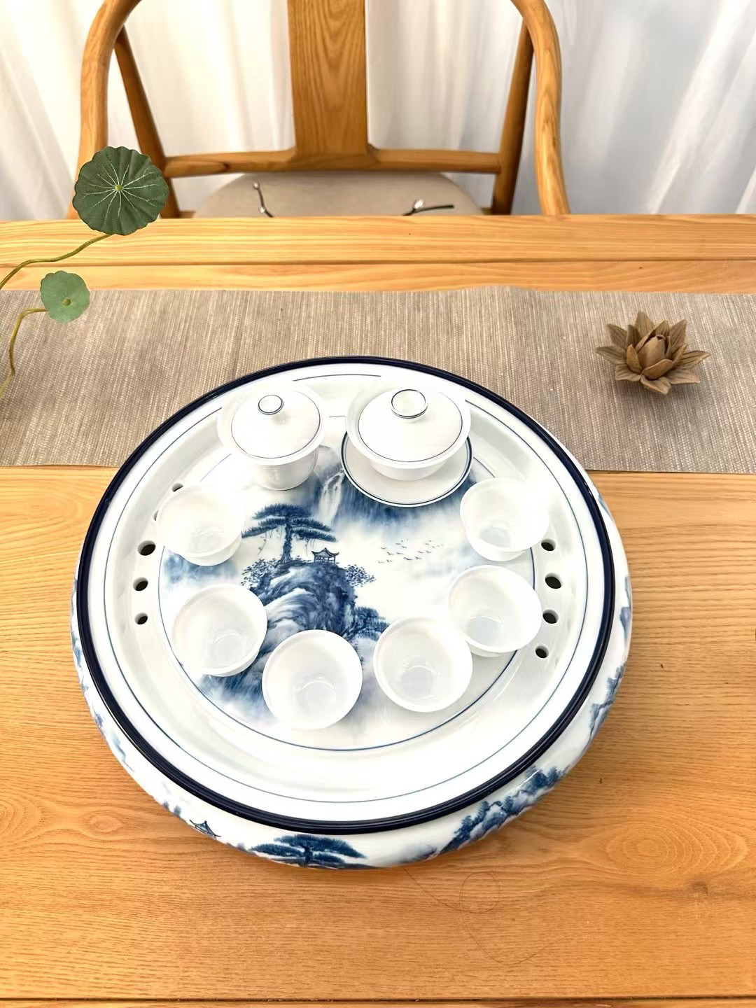 大号14英寸茶盘茶船套装新款羊脂玉陶瓷茶具套装家用盖碗茶杯茶海