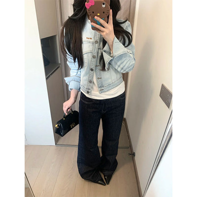 2026年新款蓝色牛仔外套女春秋季美式复古设计感猫须短款夹克上衣