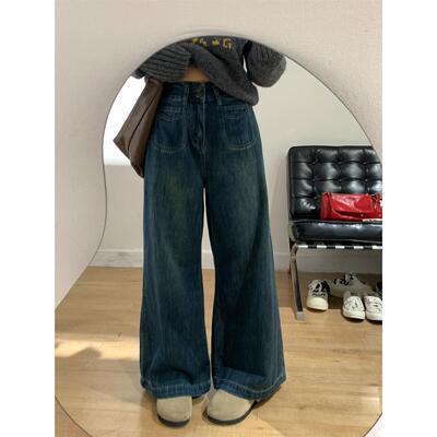 梨型身材覆古蓝阔腿牛仔