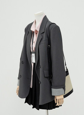 灰色时尚设计感撞色袖休闲西装外套女2025春季新款韩版百搭小西服