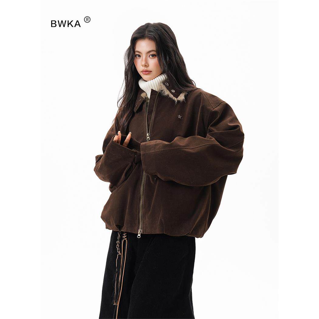 美拉德棕色彷麂皮毛领棉服外套女男秋季覆古高级感短款棒球服夹克