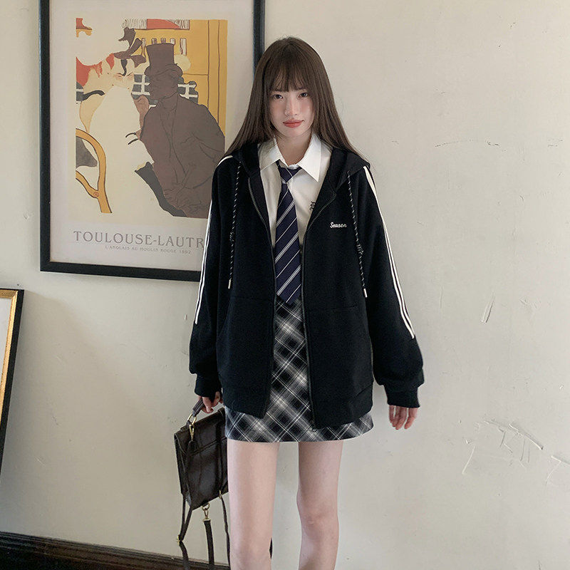 东京岁时记jk开 衫开 春新款刺绣连帽运动衫黑色拉炼 炼 款宽松撞