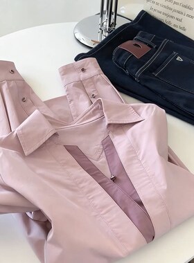 温柔韩女粉紫色假两件长袖衬衫女2026春季通勤百搭款减龄上衣外套