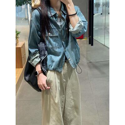 覆古翻领抽绳牛仔衬衫女