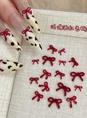 网红安格拉酒红色镂空飘带蝴蝶结美甲饰品立体迷你树脂指甲装饰品