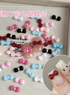 网红款黑皮Kitty蝴蝶结美甲饰品卡通可爱小领结树脂钻指甲装饰品