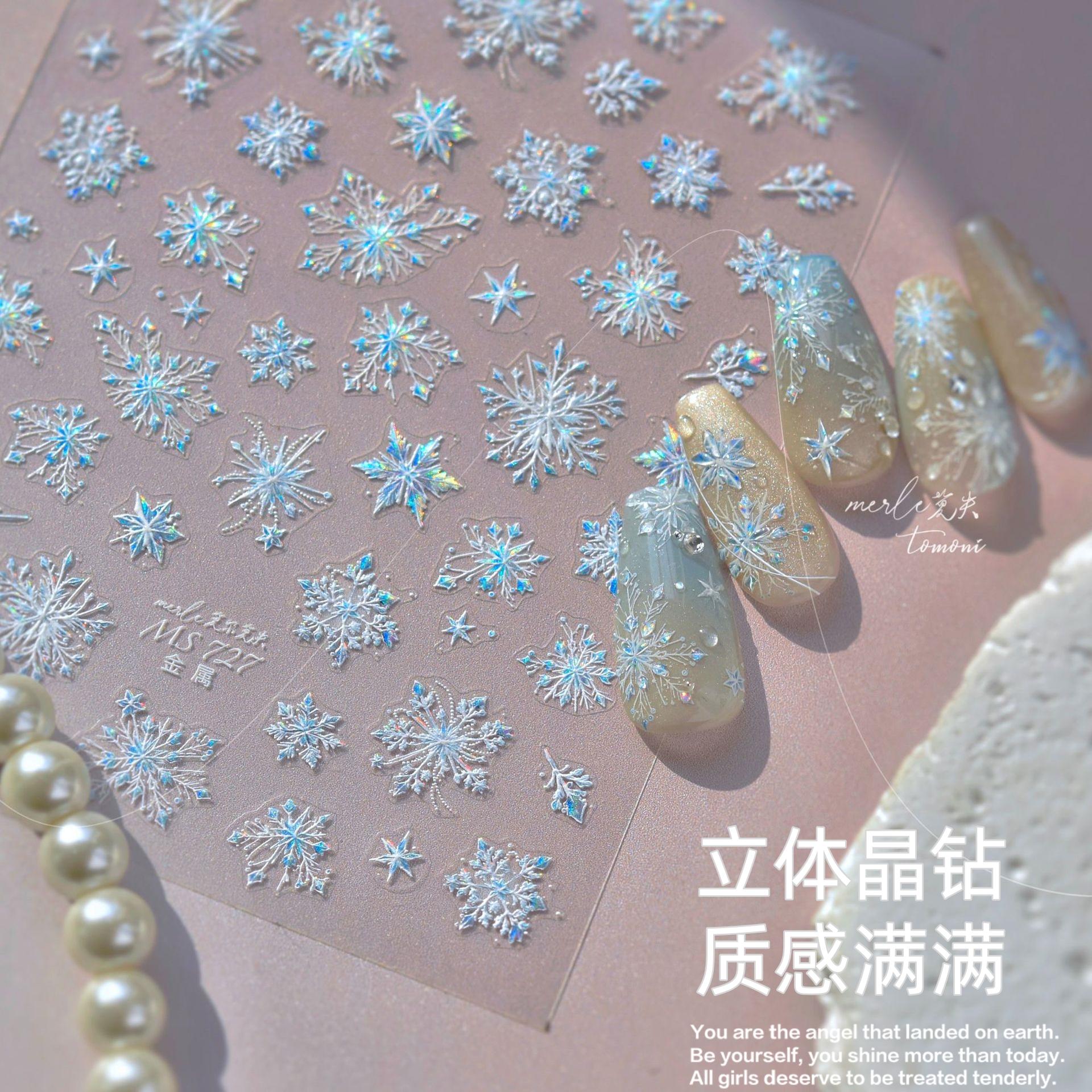 网红新款晶钻浮雕雪花美甲贴纸2025秋冬爆闪5D立体指甲装饰品贴花