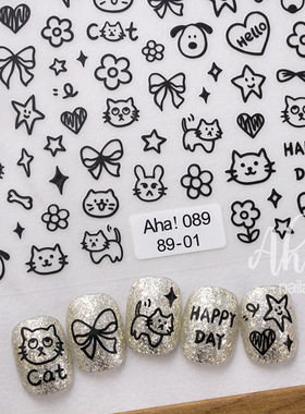Aha美甲卡通贴纸ins涂鸦猫咪小狗兔子蝴蝶结指甲装饰品贴花小图案