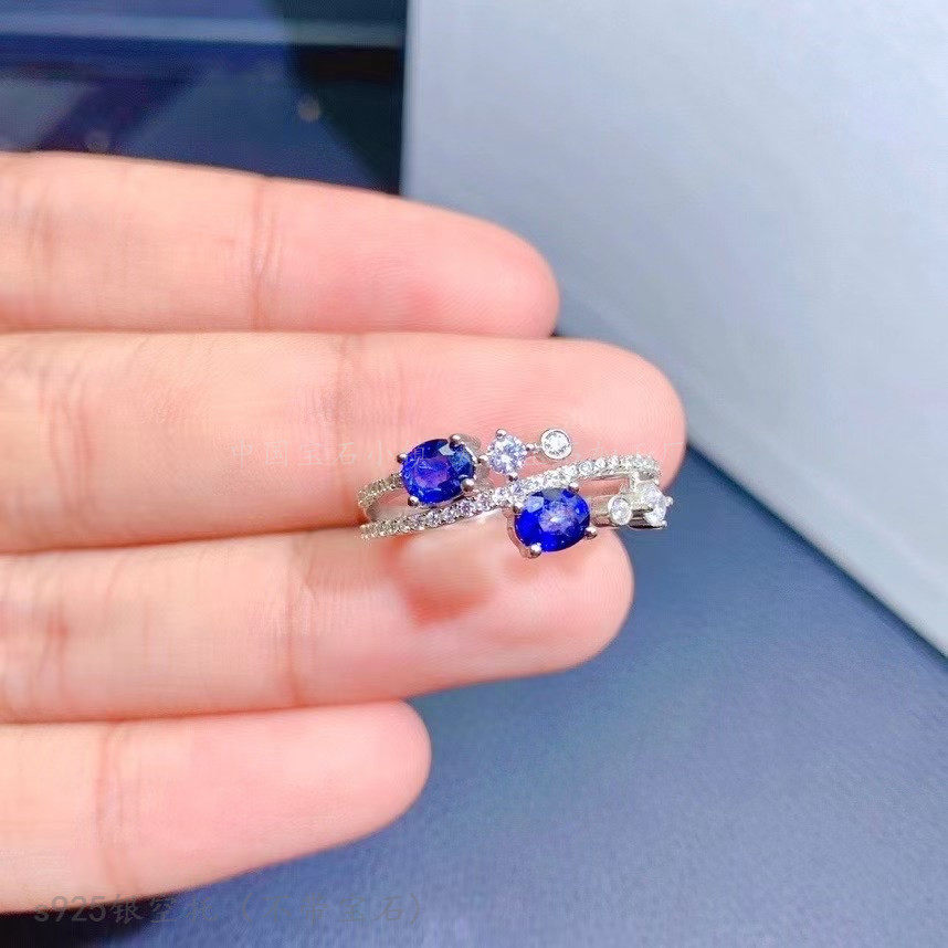 s925纯银戒指空托 椭圆形4*5mm精工 镶钳蓝宝石 水晶石双粒石女戒