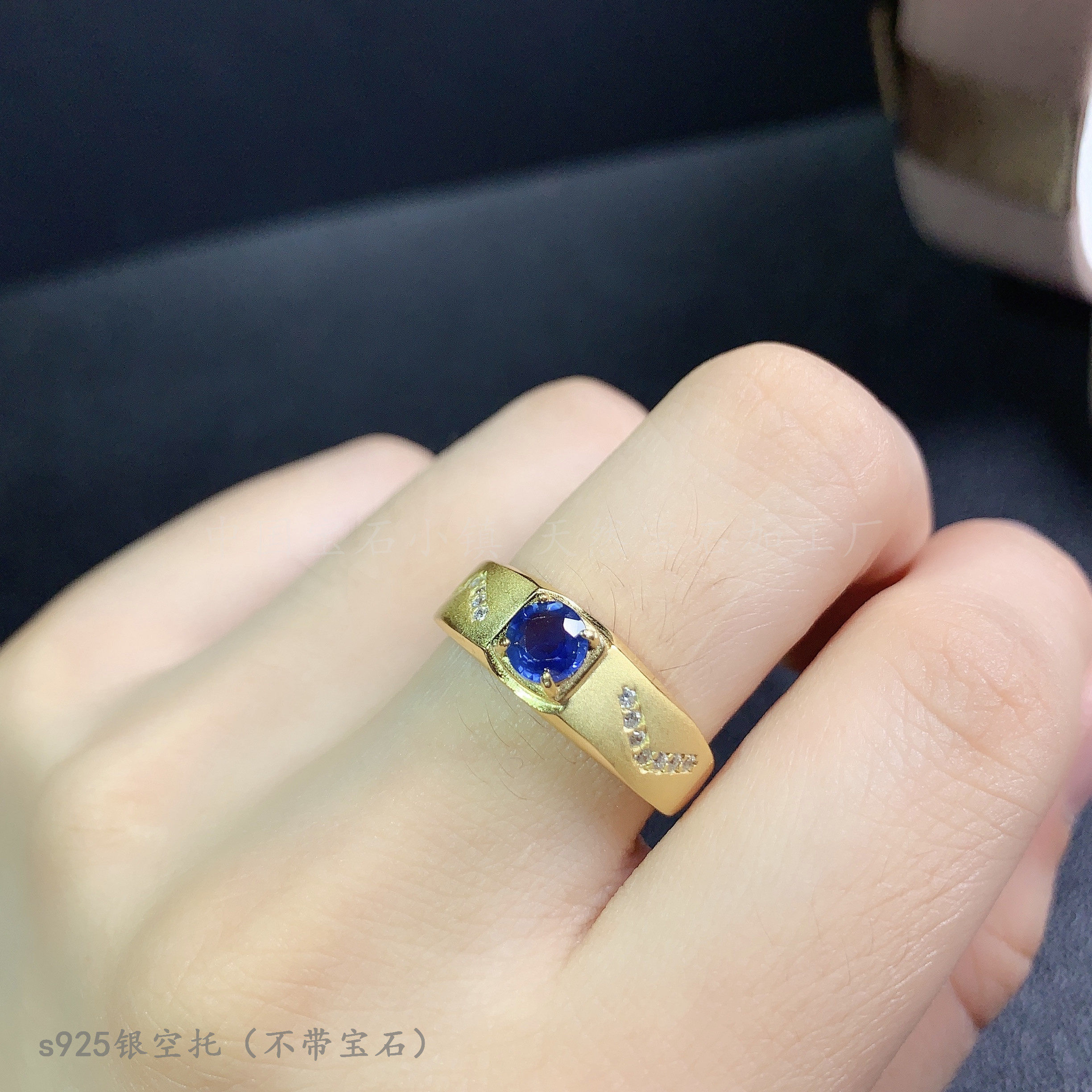 s925纯银 圆形5*5mm戒指空托 蛋面晶石 天然蓝宝石 喷砂黄金男戒