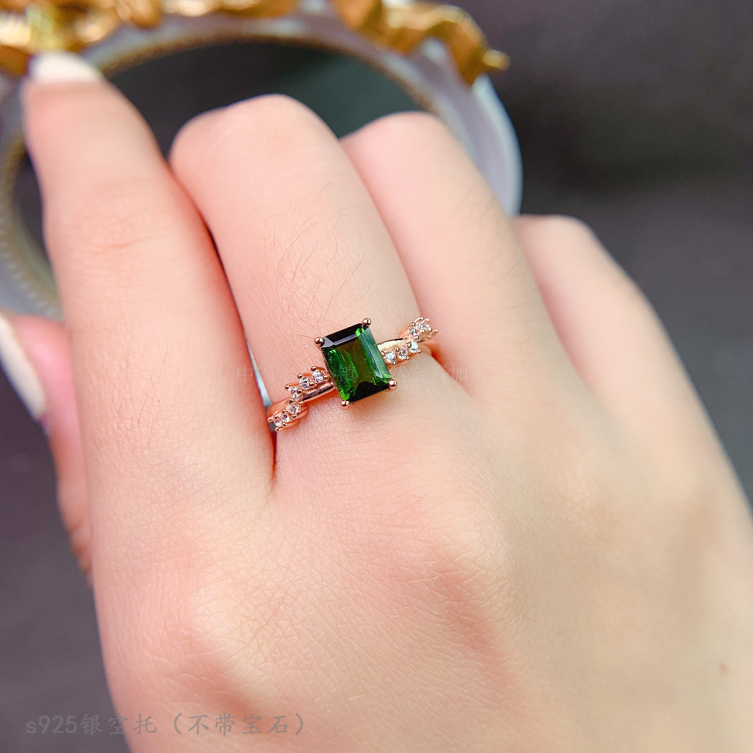 s925纯银戒指空托 长方形5*7mm精工 镶钳彩色碧玺 水晶石简约气质