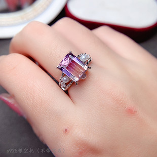 s925纯银戒指空托 长方形8*10mm精工 镶钳紫黄水晶石 配珍珠银饰