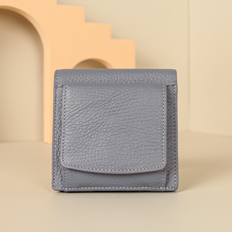 头层真皮钱包两折短款女生欧美高质感荔枝纹软牛皮大容量钱包钱夹