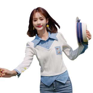 ATAR青春活力春秋女装新款假两件衬衫式拼接上衣 2025长袖套头T恤