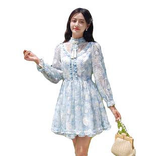 ATAR国风复古雪纺长袖连衣裙女新款新中式刺绣收腰小个子公主短裙
