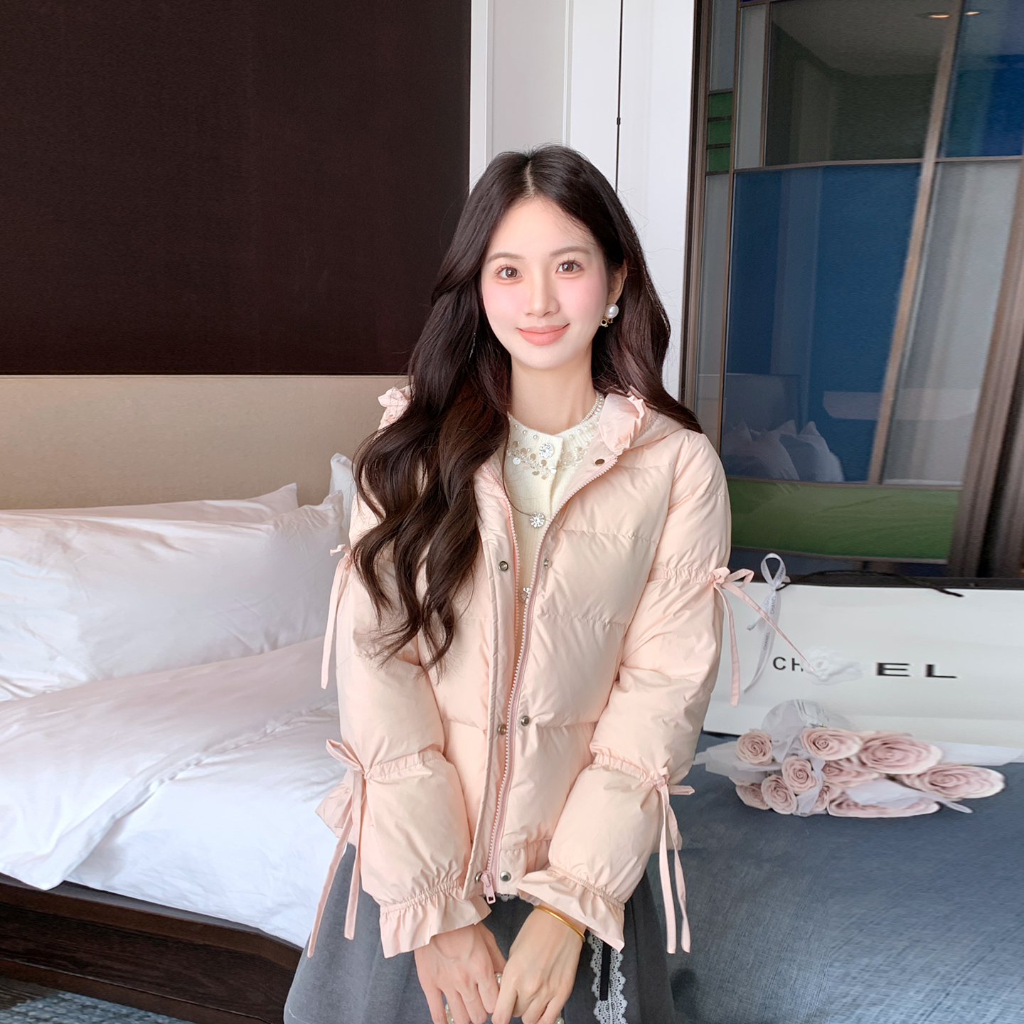 冬女装甜美绑带袖连帽羽绒服外套