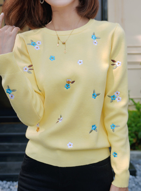 ATAR法式小众甜美绣花毛衣女秋冬新款圆领满天星锈花打底针织上衣