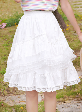 ATAR2025女夏季新品松腰紧蕾丝荷叶花边半身裙子 白色拼接中裙