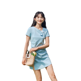 ATAR清货 静谧蓝连衣裙女 夏季设计感小众侧开叉短裙短袖针织裙子