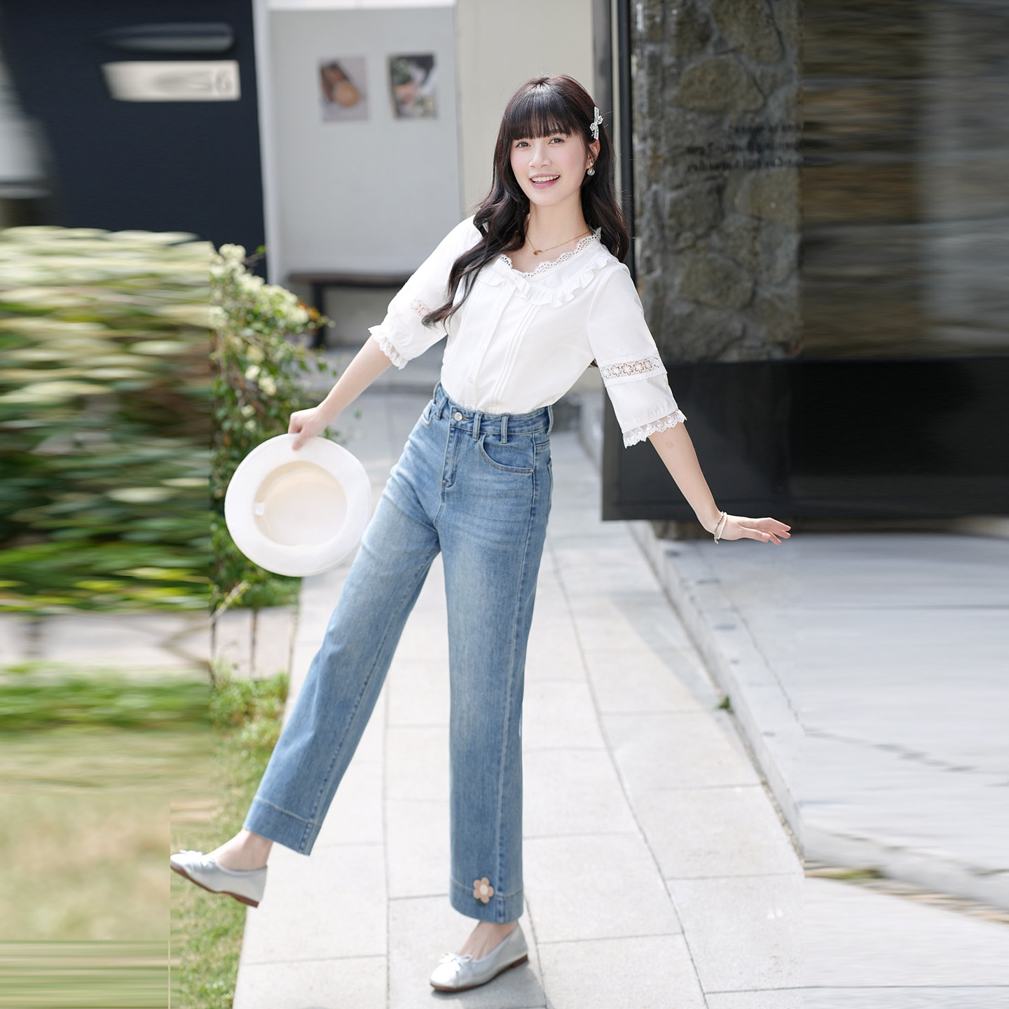 ATAR韩版春夏女装蕾丝花边衬衫高腰修身牛仔裤时尚套装休闲两件套