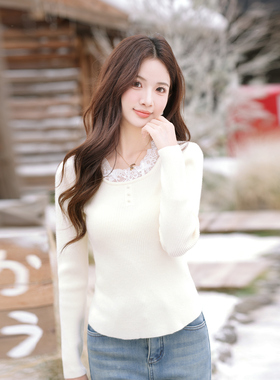 ATAR蕾丝拼接圆领针织衫女修身显瘦内搭毛衣秋冬新温柔弹力打底衫