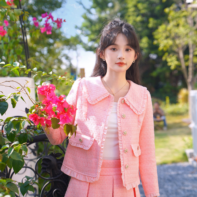 ATAR淑女2025春装新款小香风粗花呢木耳边外套百褶半身裙子套装裙
