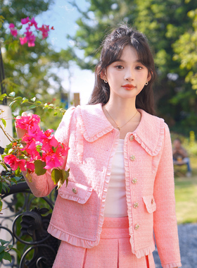 ATAR淑女2025春装新款小香风粗花呢木耳边外套百褶半身裙子套装裙