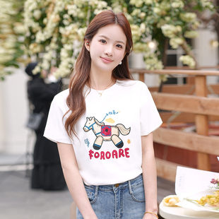 ATAR休闲2026夏女装新款木偶马字母绣花短袖T恤 宽松圆领套头上衣