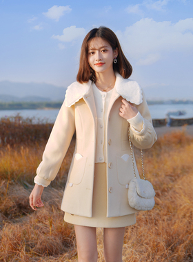 ATAR韩版冬装新款白领雅致拼色中长款毛呢外套花边领貂绒呢料大衣