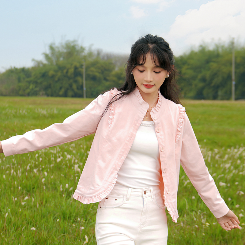 蕾丝花边立领木耳边牛仔休闲外套