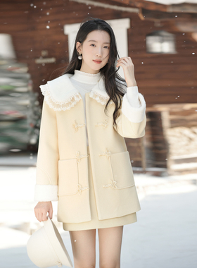 ATAR小香风蕾丝花边毛毛领保暖减龄毛呢外套女新中式盘扣设计大衣